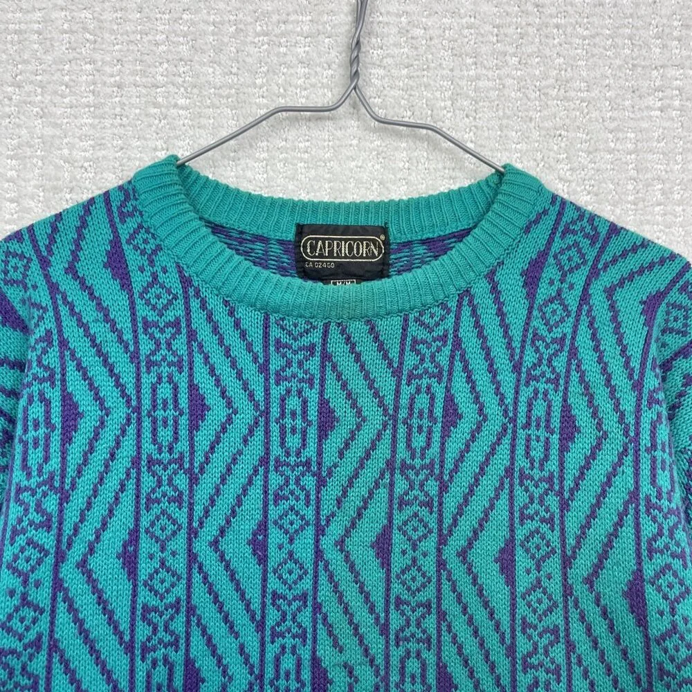 VTG Capricorn Crewneck Knit Grandpa Sweater Men Sz M Psychedelic's Geometric AOP - Picture 2 of 15